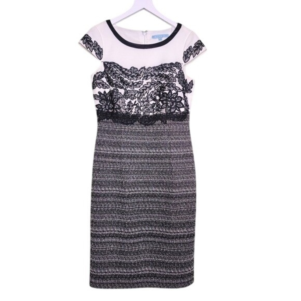 ANTONIO MELANI Ivory Black Sheath Dress Cocktail Business Cocktail Embroidered 2